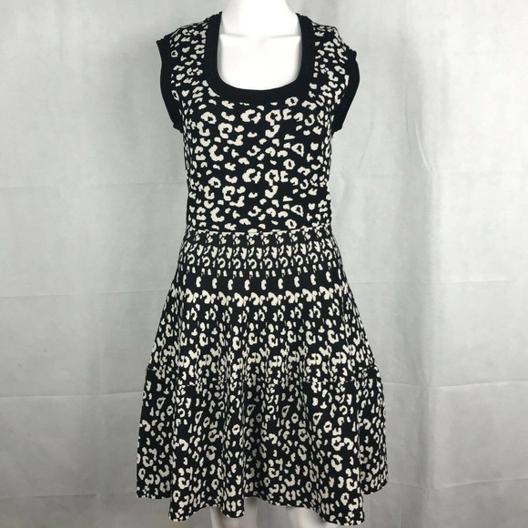 Rebecca Taylor Dress Women Sz M Black Leopard Stretch Knit Tiered A Line Sweater - Picture 1 of 10